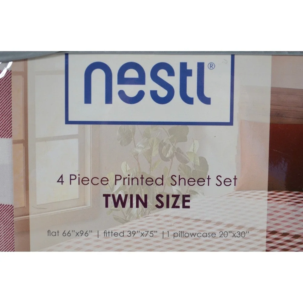Nestl Extra Deep Pocket Twin Size Sheets Ultra Soft 4-Piece Set Red White Check‎